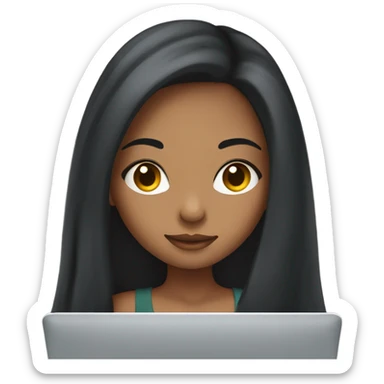 Pretty mixed girl with long dark hair using a laptop sticker