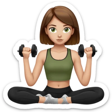 Girl with green eyes, brown hair that goes to her elbows, light skin, and freckles wearing an olive green crop top with black leggings working out, she has light gorgeous lashes sticker