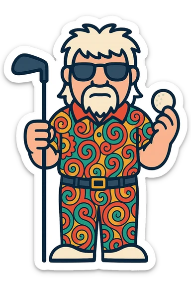 Create an icon of John Daly holding a golf club and a golf ball in the same style as the reference image, with a transparent background. sticker