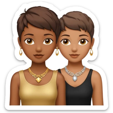 One black girl and one light brown girl and brown colored besties with brown hair pixie cuts wearing jewelry  both brown hair  sticker