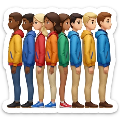 A row of five people standing one behind the other, all facing to the right, side view. sticker
