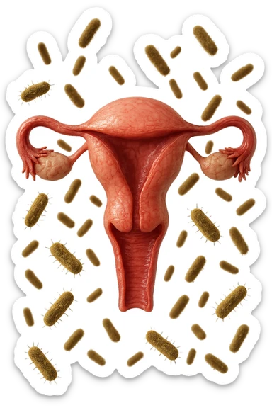 batteri intestinali fluttuano intorno ad un utero umano anatomico, iperrealistico 4k sticker