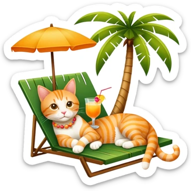 Orange tabby cat lounging under a palm tree with a mai tai tropical drink sticker