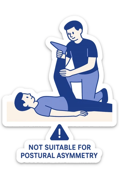 vertical illustration of a person assisted by a partner doing passive leg stretching, with a warning symbol suggesting not suitable for postural asymmetry, educational style, no background sticker