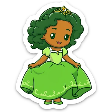 Disney Princess Tiana with extremely long black curly hair, green dress, 2c-3b curl pattern sticker