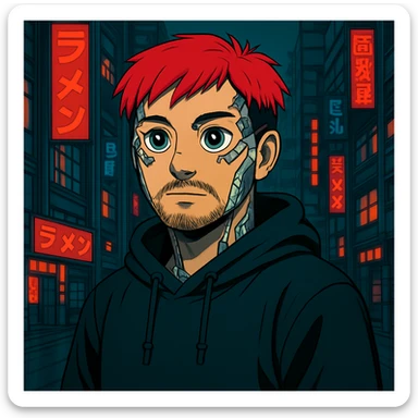 Add cybernetic implants to the Asian man, make the eyes a bit bigger, keep round face, less mustache, a bit of beard, red hair, black hoodie, Japanese cyberpunk anime style, futuristic city background sticker