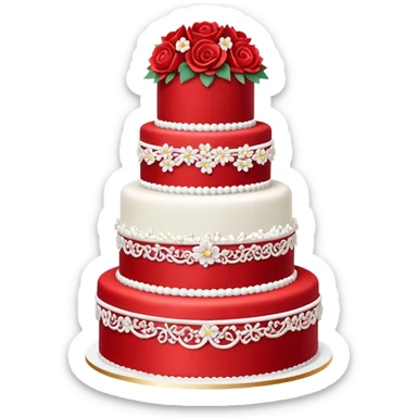 Elegant multi-tiered red wedding cake with white decorations and flowers sticker
