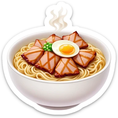 Cantonese Wonton Noodles with char siu pork, simplified emoji style with bold outlines and bright colors, cartoon style Hong Kong style thin egg noodles sticker