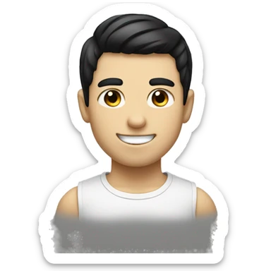 "Generate an emoji of a boy with white skin and short black hair. Make sure his expression is in smile and approachable!" sticker