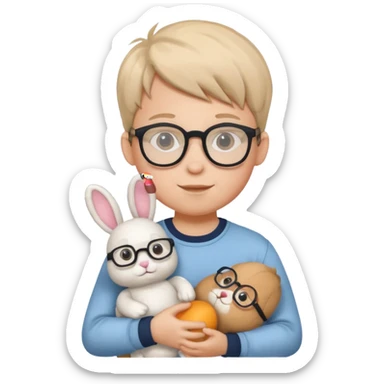 boy kid with glasses → holding a toy rabbit sticker