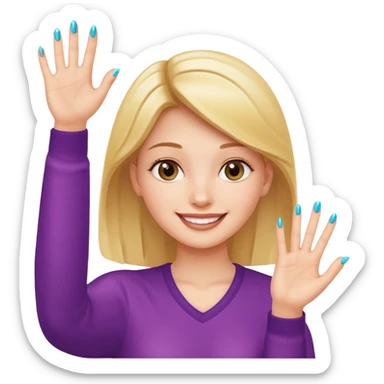 a girl with one hand raised, displaying a shiny new nail, smiling face sticker