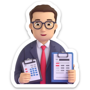 male accountant with spreadsheet, calculator and ledger sticker