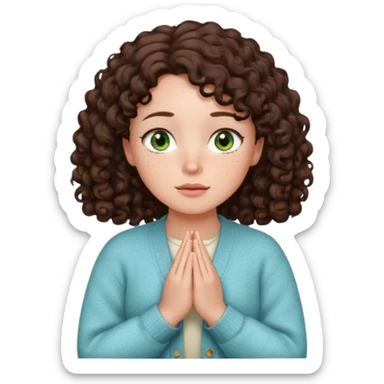 young girl in cozy cardigan milky blue tones, green eyes wide open, freckles, plump lips, dark brown curly hair below shoulders, hands folded in prayer or gratitude, looking forward, emoji style sticker