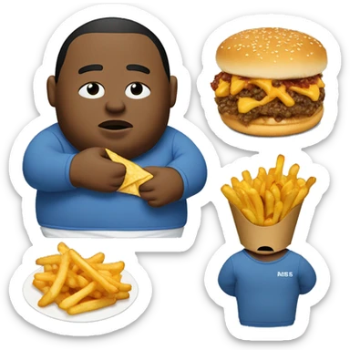 fat man in dirty blue sweatsuit with chili cheese fries in his mouth sticker