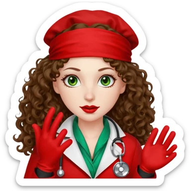 Spanish sexy evil woman. She has green eyes.  had brown long curly hair.  evil surgeon kills with needle wears red sexy doctor coat with red bandana on her mouth and nose to hide and wearing red gloves.  sticker