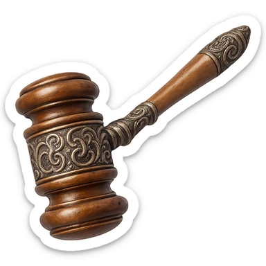 a fancy and detailed gavel, intricate design, elegant, ornate handle, polished wood, metallic accents sticker