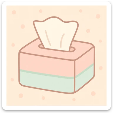 a tissue box with a single tissue being pulled, evoking comfort for someone crying, soft pastel colors, gentle and comforting sticker