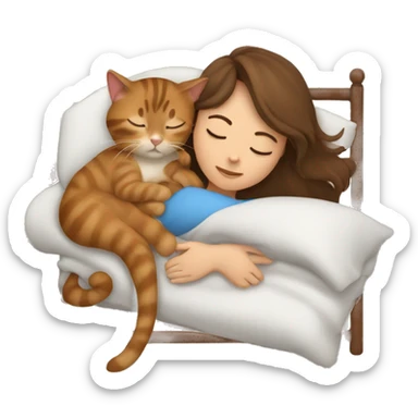 brown haired girl sleeping with tabby brown cat in bed sticker