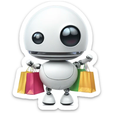 cute white floating spherical happy robot with shopping bags sticker