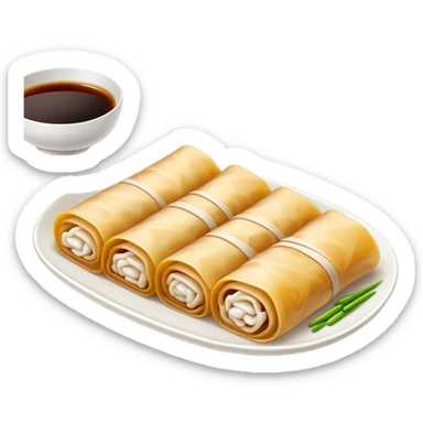 Cantonese rice noodle roll Cheung Fun with soy sauce and sesame seeds, simplified emoji style with bold outlines and bright colors, cartoon style translucent rolled rice sheets on plate sticker