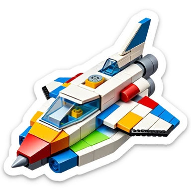 A photorealistic icon featuring a detailed LEGO spaceship, with colorful bricks assembled into a futuristic design. The model includes small LEGO pieces, creating a sense of craftsmanship and creativity. Transparent background, symbolizing LEGO building and space exploration. sticker