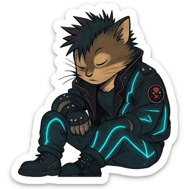  a anthro cat laying down his head to nap, punk gothic style, futuristic cyberwave cyberpunk, sitting position sticker