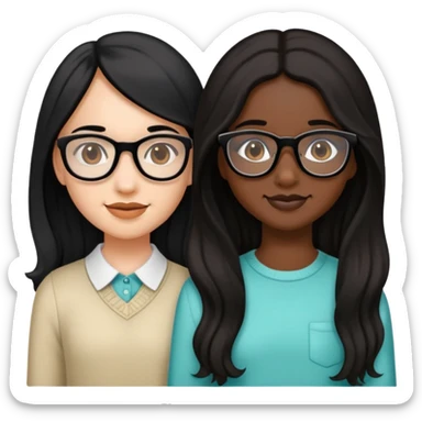 Make two girls. The first one with black glasses and long, straight, black hair, also with braces. The second one has dark skin, but flesh. Her hair is long and brown, a little wavy, and has some volume. sticker