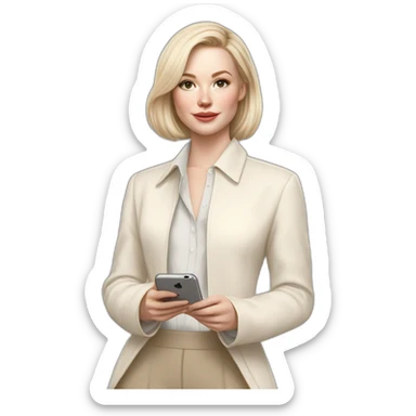 pale skin woman with ash blonde Straightened bob Hair, White Spacious classical jacket, beige palazzo Arrow pants and gray blouse holding white IPhone 15 pro in the hands sticker