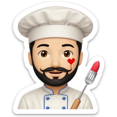 CHEF CON PELO NEGRO Y BARBA NEGRA, OJOS MARRON OSCURO. SONRIE Y TIENE MARCAS DE BESOS CON PINTALABIOS EN FORMA DE LABIOS sticker