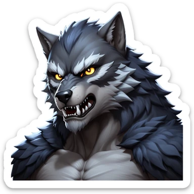 cinematic-noble-fierce-werewolf-portrait-emoji, poised-and-imposing, with a tall, slender yet muscular frame inspired by the brutal, imposing shape of the beast from Berserk, fur rippling in shades of midnight black and silver, eyes glowing with an intense, primal ferocity, reflecting the untamed power of the wild moonlit night; rendered with realism sticker