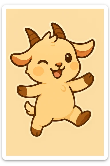 Chibi goat, winking and dancing, left leg up, right arm up, joyful expression, animation frame 1, same style and background as reference. sticker