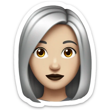 White Girl with black shoulder length way hair with brown eyes and red lips with a black top sticker