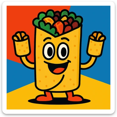 Change the hands so they are made of small burritos, vibrant cartoon style sticker