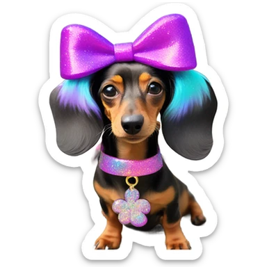 Lisa frank glitter fluffy dachshund with bows on head sticker