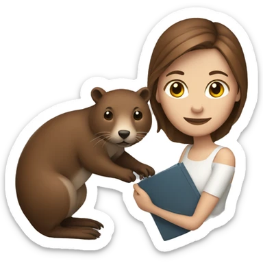 White female with brown hair holding beaver sticker