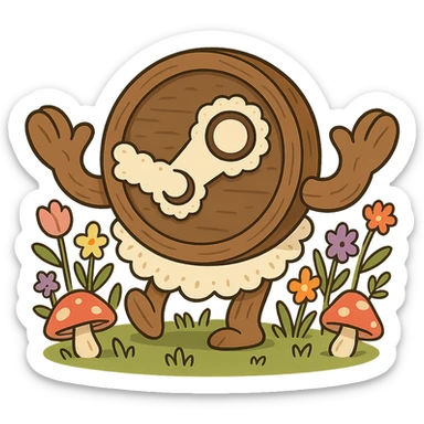 cartoonier cottagecore Steam logo: circle and arms made of exaggerated rounded wood, oversized lace, bright pastel wildflowers, cute mushrooms, whimsical playful cozy, no text sticker
