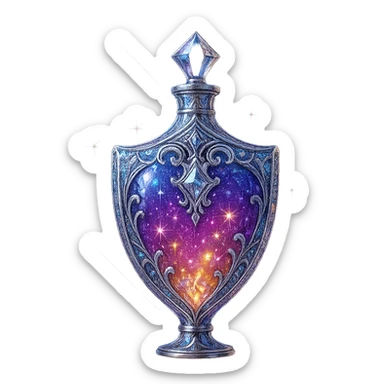 išskirtinai prabangus eliksyro buteliukas, skydo forma, sodri spalvų gradacija, daugiasluoksniai holografiniai ir sidabriniai ornamentai, kristalo tekstūra, daug magiškų švytėjimų ir žėrėjimo, šviesos spinduliai, labai mažas kaklelis, dailus vientisas dugnas, skaidrus fonas, buteliukas plūduriuoja ore, be pagrindo ar šešėlio, modernus, kolekcijai tinkamas, ypatingai gražus sticker