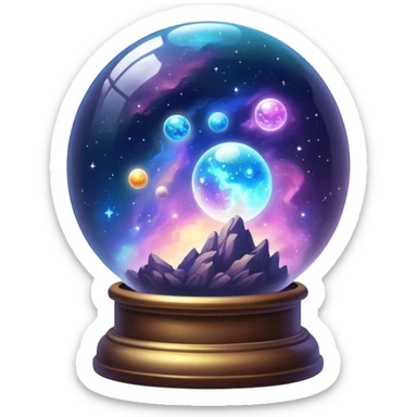 Tiny mystical mysterious celestial sparkly cloudy magical glowing spherical nebula planets inside a glass globe dome sticker
