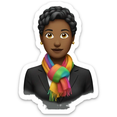woman in a black suit with colofrul scarf around the neck instead of tie sticker