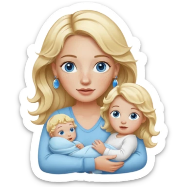 Wavy blonde, white woman with blue eyes, freckles hoop earrings, holding babies sticker