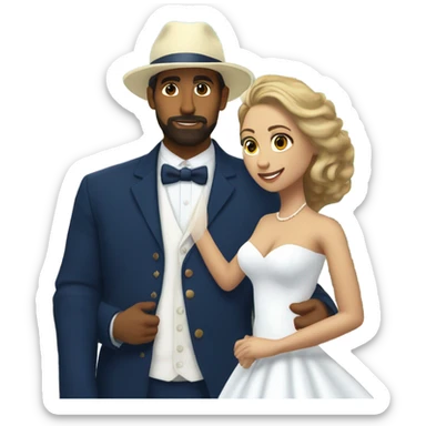 Puerto rican beard short hair with blue hat and navy blue suit getting Married with blond long hair girl with white  wedding dress  sticker