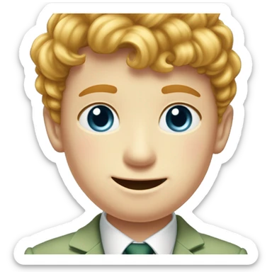 Create a 10 year old boy that us in a sage green suit with a olive green tie and a pink button hole flower. The boy is to have blonde/ginger hair thats wavy. blue eyes. a very small gap in the teeth. freckls on the noseand cheeks. fair skin. sticker
