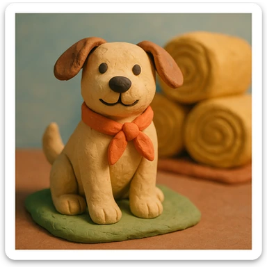 friendly farm dog with a bandana, hay bales in background, soft pastel colors, claymation style sticker
