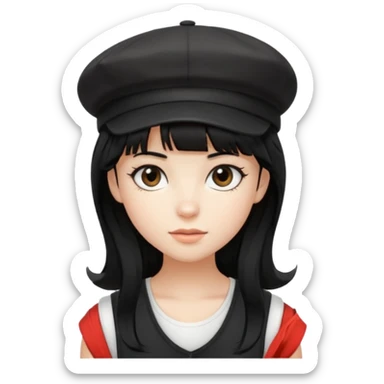 pinterst girl with heavy bang, black long hair and black newsboy cap on her hat, wearing white sleeveless  sticker