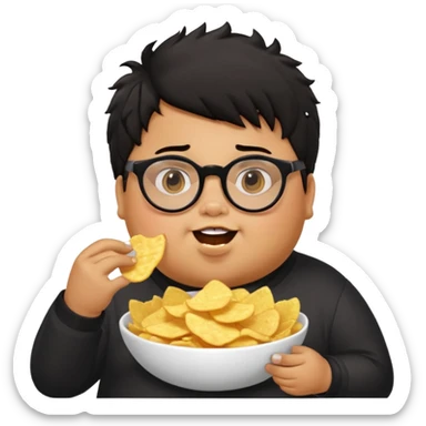 generate a pretty bratz boy with spectacles on, fat, tan. Black hair messy. eating chips sticker