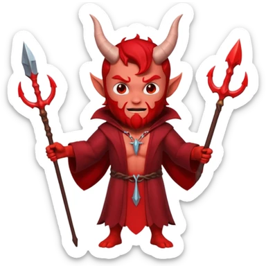 Full body 3D Memoji male devil in a dark robe, holding a trident symmetrically with both hands centrally. Red skin, horns, solid background. sticker