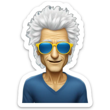 michel polnareff avec des lunettes de soleil blanches, des cheveux longs jaunes, vieux, avec un costume bleu et expression de visage neutre sticker