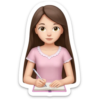 white brunette teen long hair with hazel eyes in a light pink dress writing in a notebook sticker