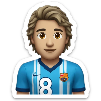 Futbolista español de 16 con camiseta azul marina y una franja azul clara en los hombros. Con el número 8 en la camiseta. Un solo 8 y que ponga PLAZA sticker