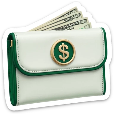 white wallet with dark green clasp, white dollar bills with dark green details visible sticker